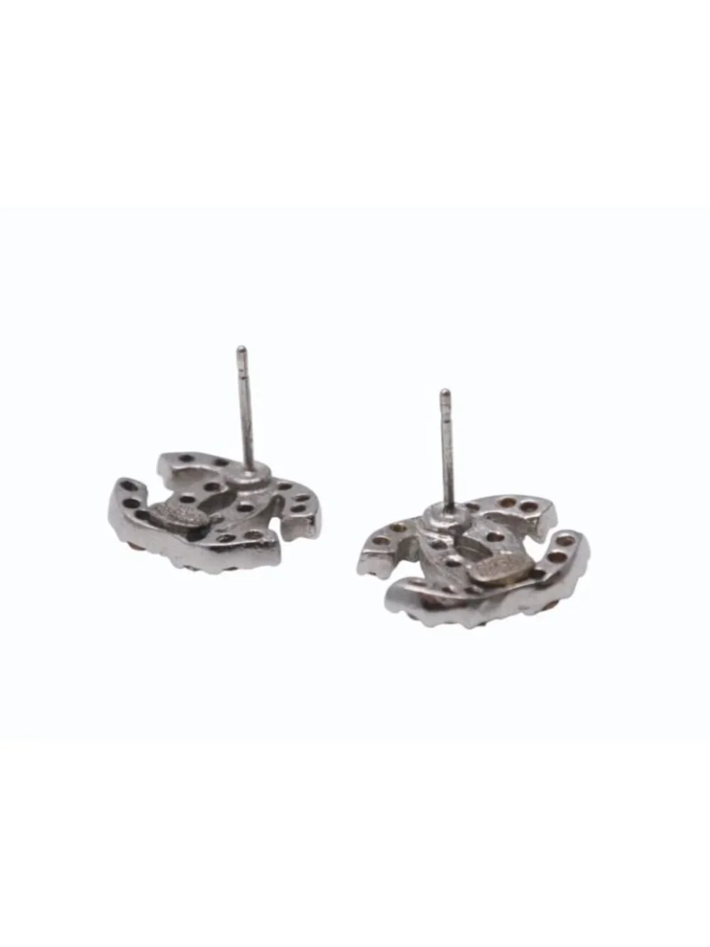 Chanel CC Logo Earrings 03 Rhinestone Metal Silver Clear